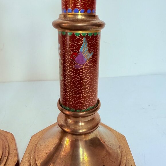 Cloisonne Brass Candlestick Holders Floral Bird Set Of 2 VTG Eclectic Home Decor - Picture 8 of 15